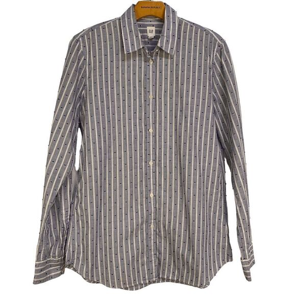 Gap Women's size Medium Tall Blue white silver striped long sleeve button up top - Picture 12 of 13